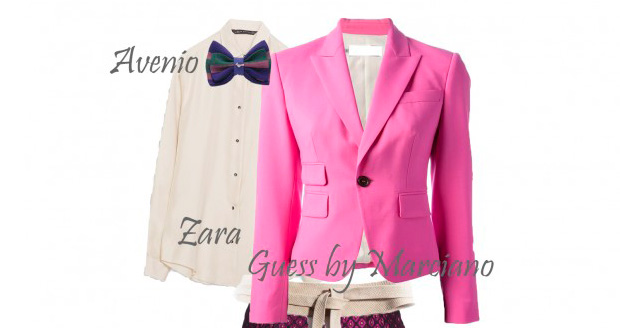 Outfit con chaqueta rosa, camisa y corbata de pajarita